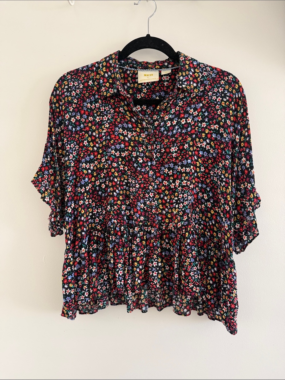 Maeve Black Floral Button-Front Flowy Peplum Blouse
